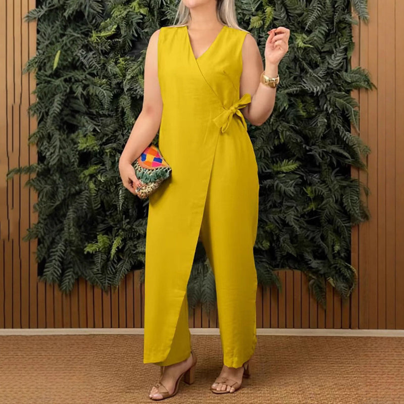 Women's Solid Color Casual V-neck Tie Jumpsuit artswardrobe