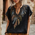 Western-style Colorful Feather Gemstone Element Vintage V-neck Linen Short-sleeved Shirt artswardrobe