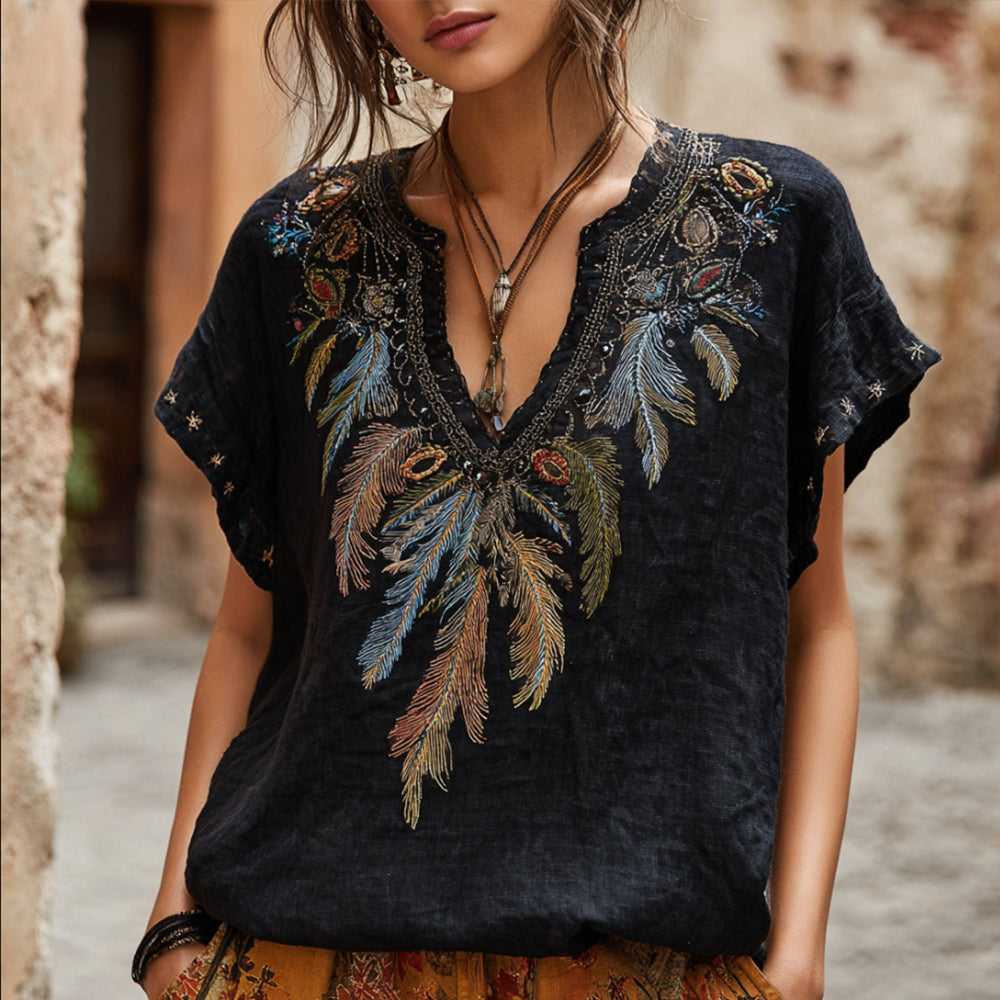 Western-style Colorful Feather Gemstone Element Vintage V-neck Linen Short-sleeved Shirt artswardrobe