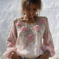 Comstylish Vintage Pink Flowers Glitter Embroidered Flowy Linen Tunic