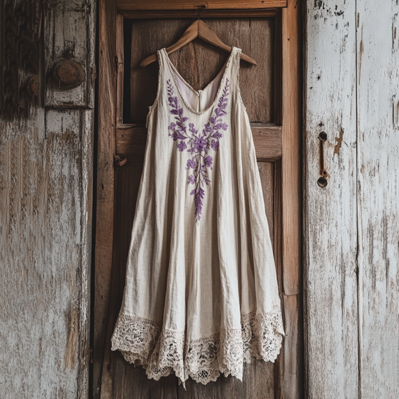 Boho Lavender Embroidered Pattern Lace Linen Dress artswardrobe