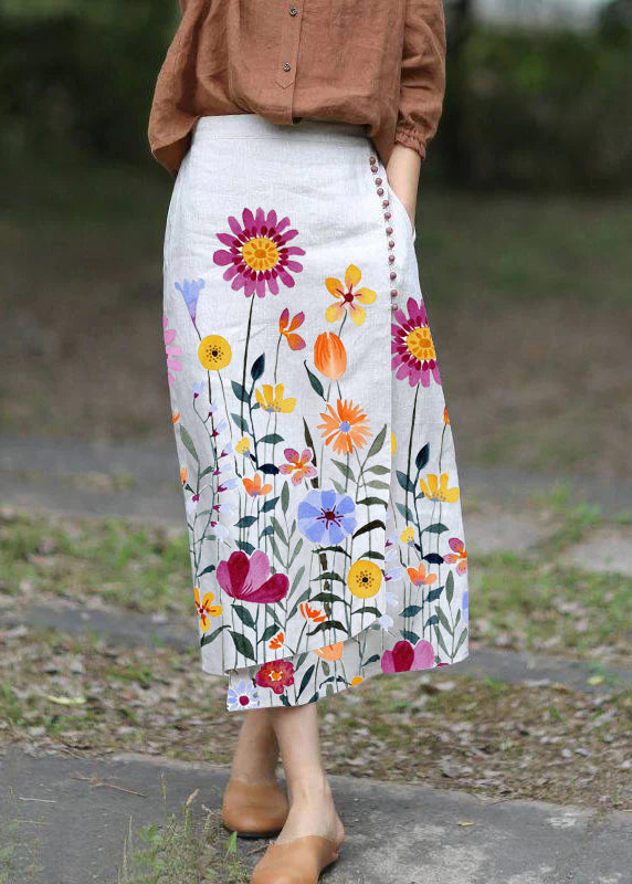 Boutique White Flowers Asymmetrical Design Elastic Waist a Line Skirts Spring