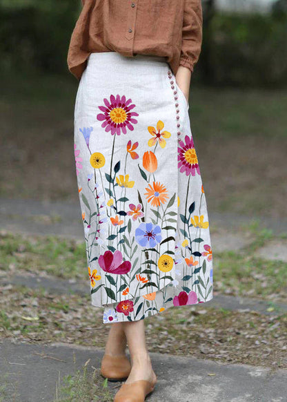 Boutique White Flowers Asymmetrical Design Elastic Waist a Line Skirts Spring