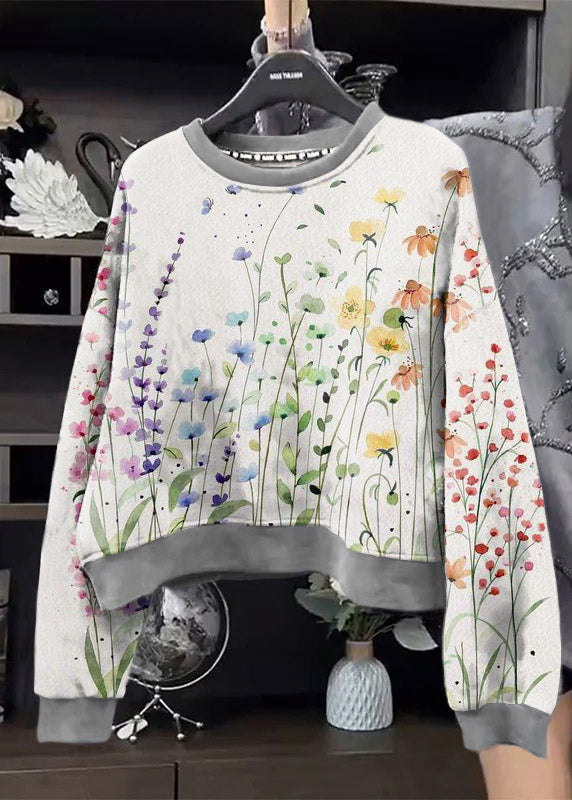 White Flowers O-neck Sequins Sweatshirt Spring