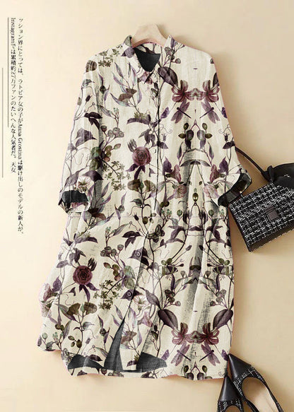 Green Polka Dots Embroidered Patchwork Linen Shirt Dress Summer