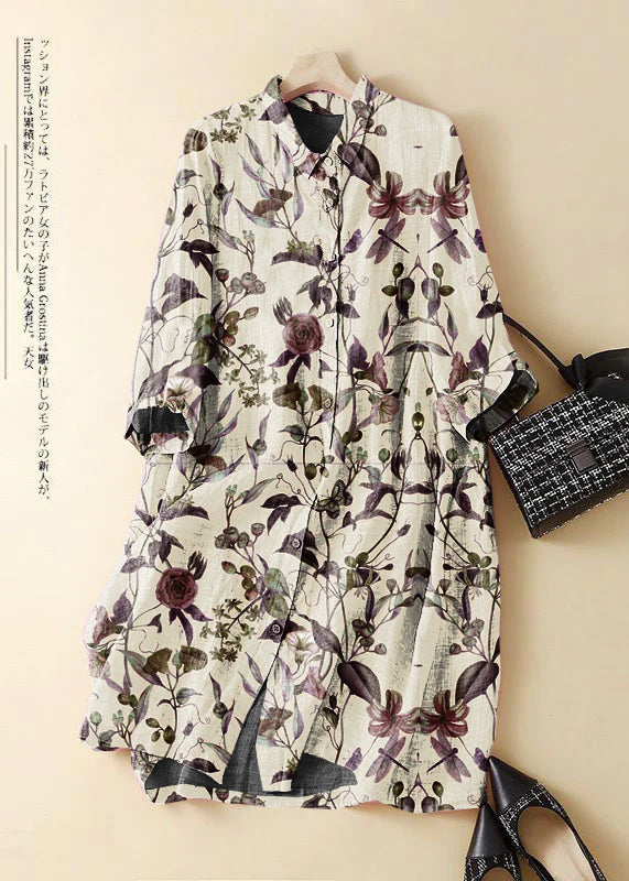 Green Polka Dots Embroidered Patchwork Linen Shirt Dress Summer