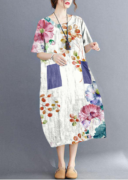 Stylish Orange Flower O Neck Plaid Maxi Dresses Cotton Linen Summer