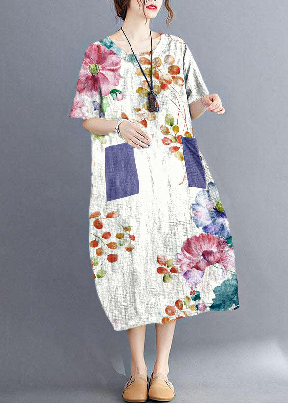 Stylish Orange Flower O Neck Plaid Maxi Dresses Cotton Linen Summer