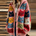 Women's Colorful Cats Pattern Cozy Hooded Cardigan elevenforest