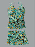 V-Neck Vintage Polka Dot Art Print Suspender Skirt Tankini Pantskirt Set Swimsuit