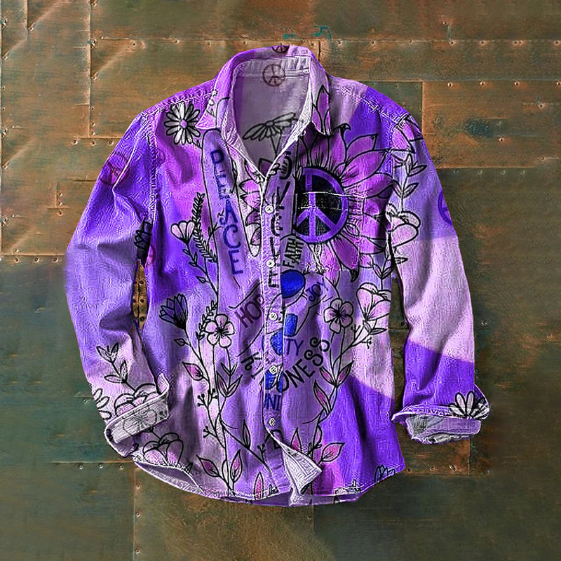 Men's Vintage Peace And Love Daisy Art Print Linen Lapel Long Sleeve Shirt artswardrobe