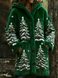 Comstylish Fleece Snowy Christmas Tree Long Hooded Cardigan