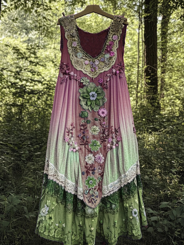 Vintage Boho Lavender Art Linen Patchwork Art Linen Tank Dress artswardrobe