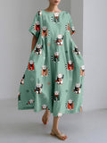 Comstylish Japanese Lucky Cats with Fish Linen Blend Maxi Dress