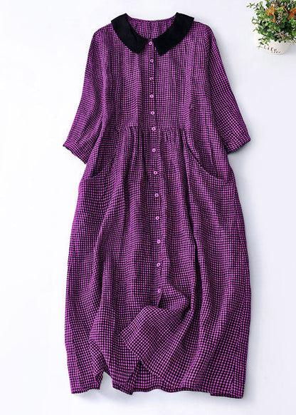 Organic Brown Plaid Peter Pan Collar Patchwork Linen Dresses Summer