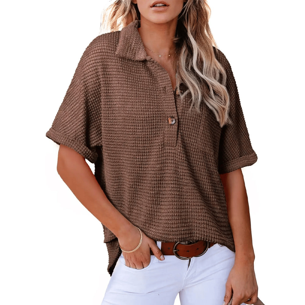 Comstylish Women's Waffle Knit Short Sleeve Tunic Henley Shirts