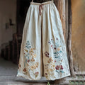 Vintage Floral Embroidered Art Comfy Linen Pants artswardrobe