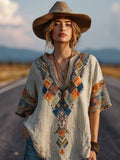 Comstylish Western-style Apache Pattern Embroidery V-neck Short-sleeved Shirt