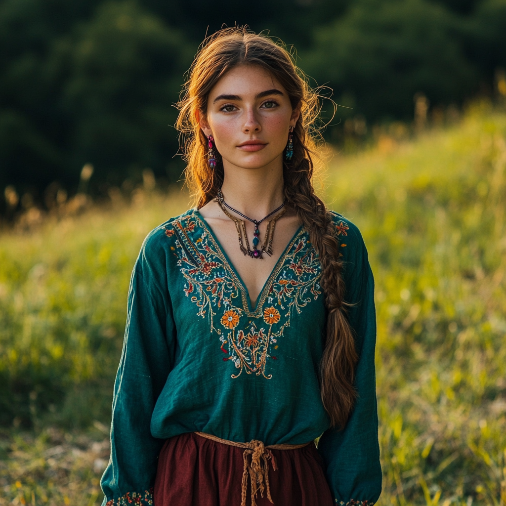 Boho Floral Embroidery Art Linen Blend V-neck Blouse artswardrobe