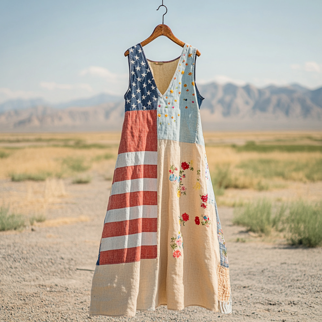 Women's Independence Day Flag Print Cotton And Linen Dress artswardrobe