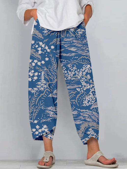 Comstylish Vintage Japanese Pattern Cropped Casual Pants