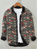 Japanese Art Wave and Cat Print Cozy Cotton Linen Shirt elevenforest