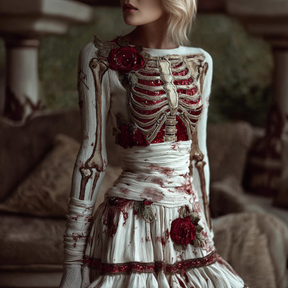 Comstylish Women's Halloween Skeleton Rose Bandage Shattered Dress