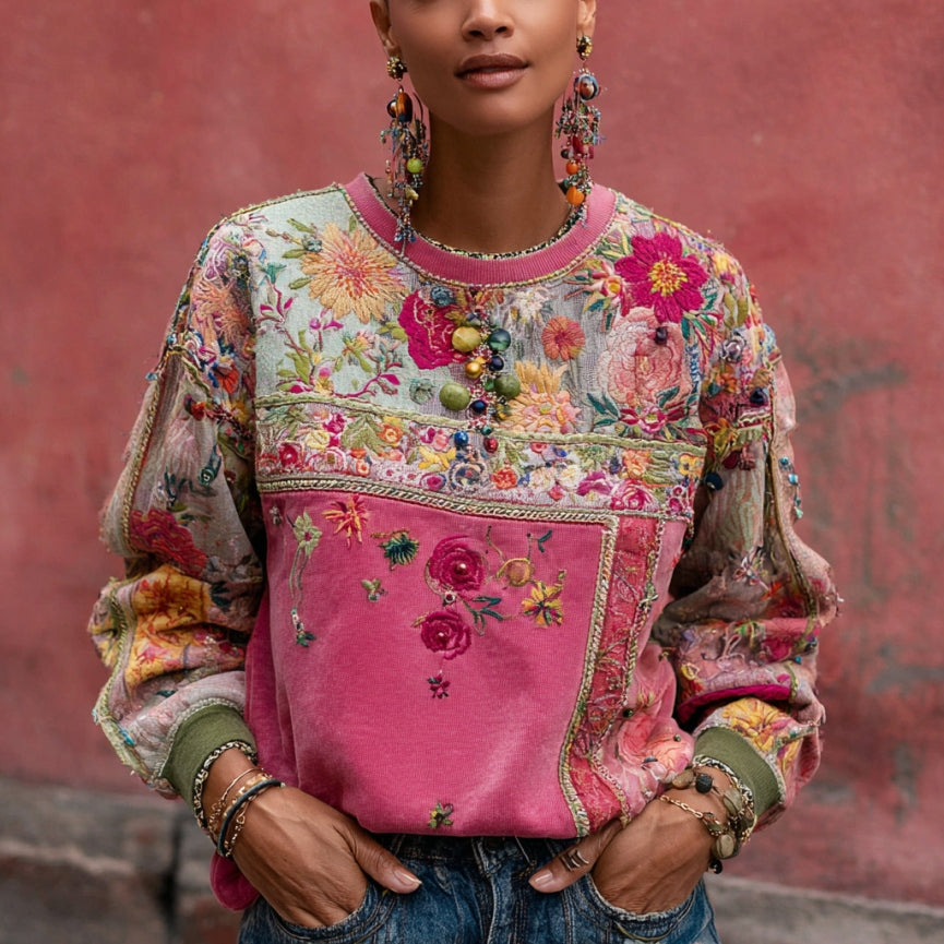 Women's Vintage Bohemian Floral Embroidery Patchwork Art Crew Neck Casual Sweatshirt