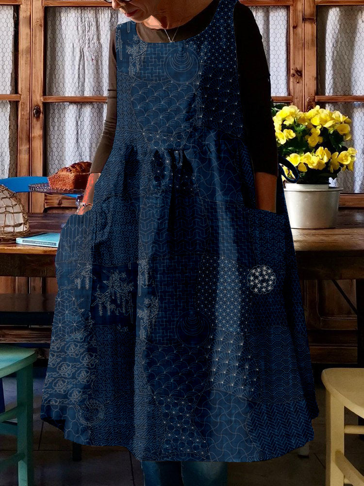 Comstylish Japanese Traditional Sashiko Art Linen Blend Pinafore Midi Dress