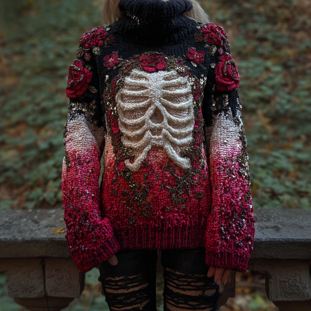 Women's Halloween Anatomy Art And Flower Gradient 3d Knitted High Collar Sweater artswardrobe