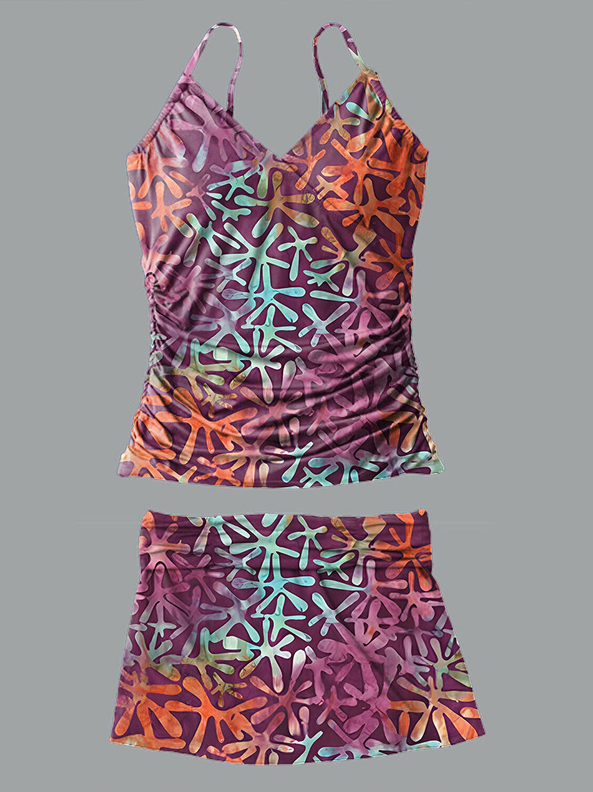 V-Neck Vintage Multicolor Flowers Art Print Suspender Skirt Tankini Pantskirt Set Swimsuit