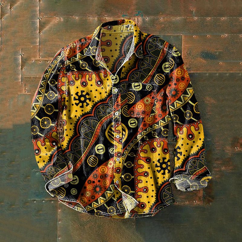 Men's Vintage Peace And Love Daisy Art Print Linen Lapel Long Sleeve Shirt artswardrobe