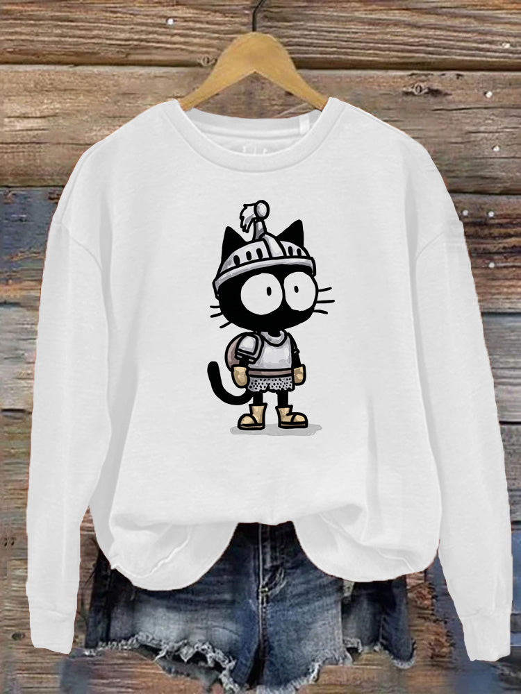 Comstylish Funny Armor Little Black Cat Round Neck Long Sleeve Sweatshirt