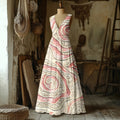 Vintage Floral Embroidered V Neck Linen Maxi Dress artswardrobe