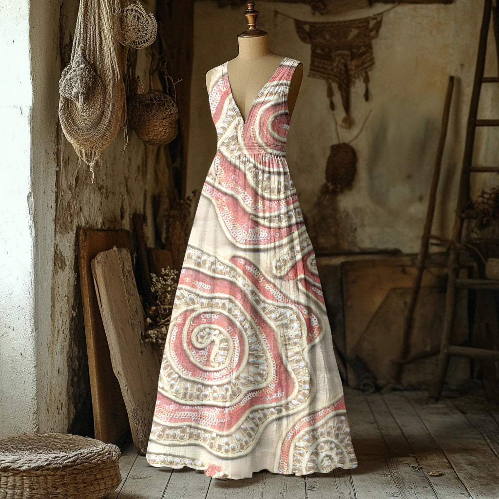 Vintage Floral Embroidered V Neck Linen Maxi Dress artswardrobe