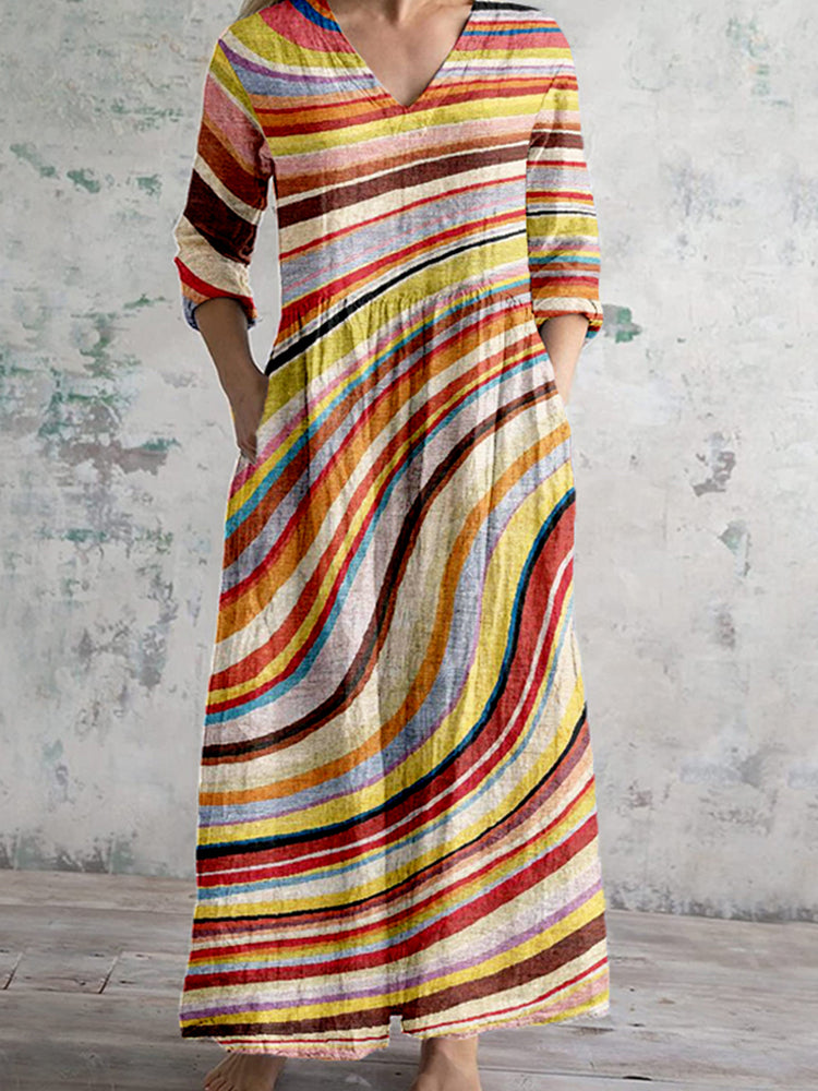 Colorful Abstract Lines Art Pattern Linen Maxi Dress artswardrobe