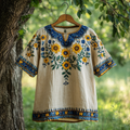 Women's Retro Sunflower Floral Contrast Small V-neck T-shirt artswardrobe