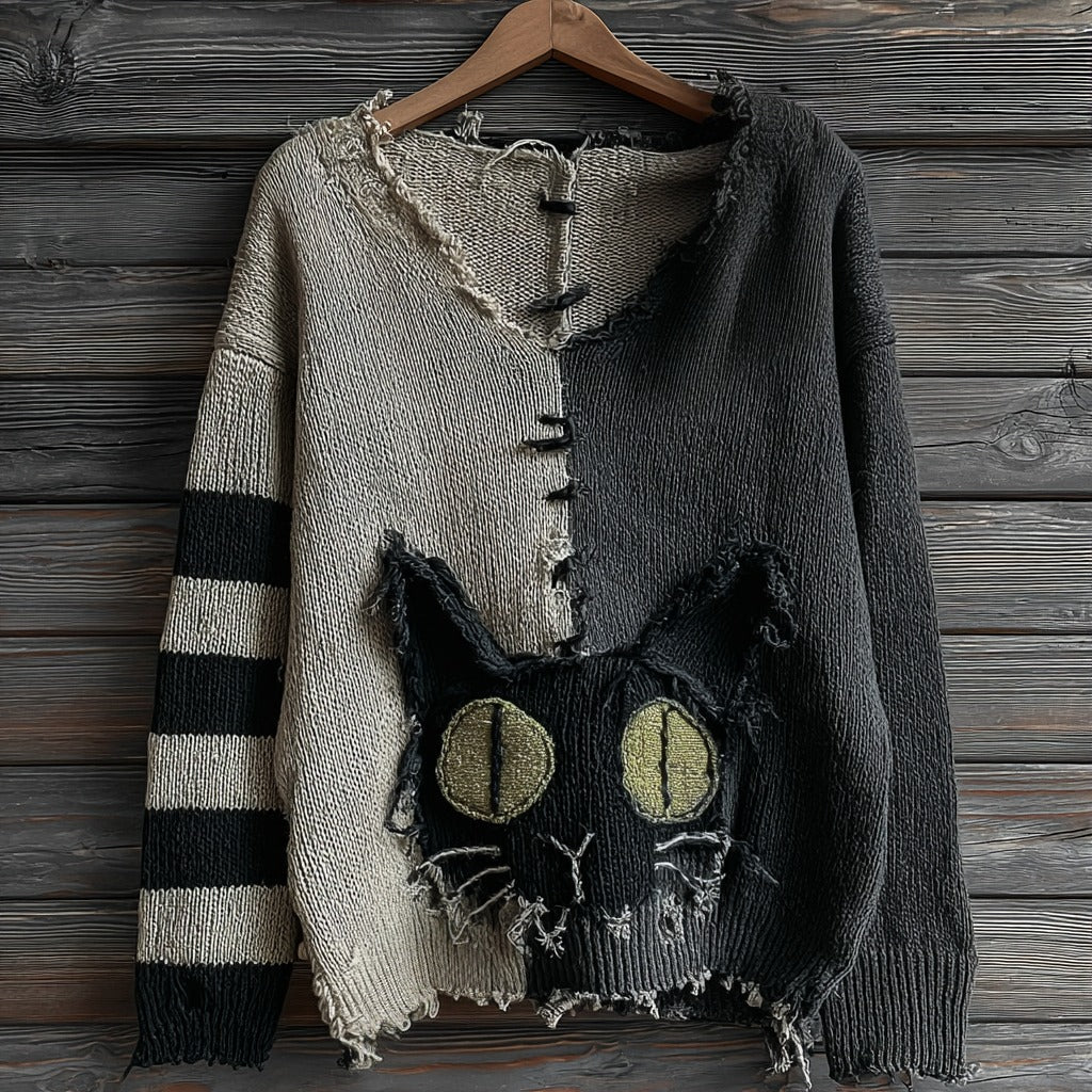 Comstylish Halloween Green-eyed Black Cat Patchwork Knitted V-neck Sweater