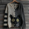 Halloween Green-eyed Black Cat Patchwork Knitted V-neck Sweater