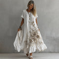 Comstylish Women's White Rose Embroidery Art Round Neck Short Sleeve Linen Blend Midi Dress