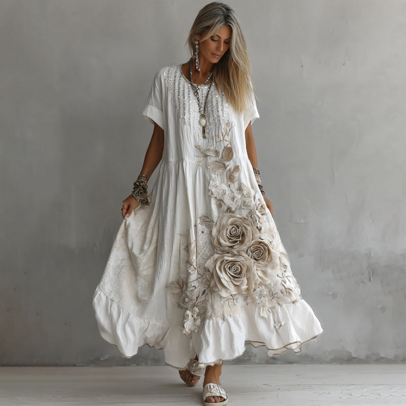 Comstylish Women's White Rose Embroidery Art Round Neck Short Sleeve Linen Blend Midi Dress