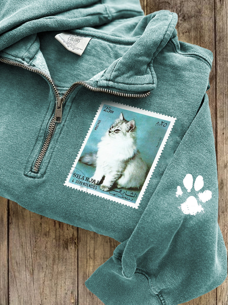 Vintage Cat Stamp Paw Print Zip Up Sweatshirt