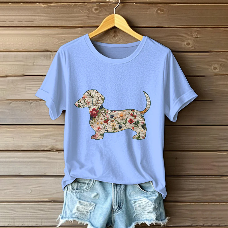 Comstylish Women's Classic Dachshund In Floral Inspired Painting Embroidered Casual Linen T-shirt