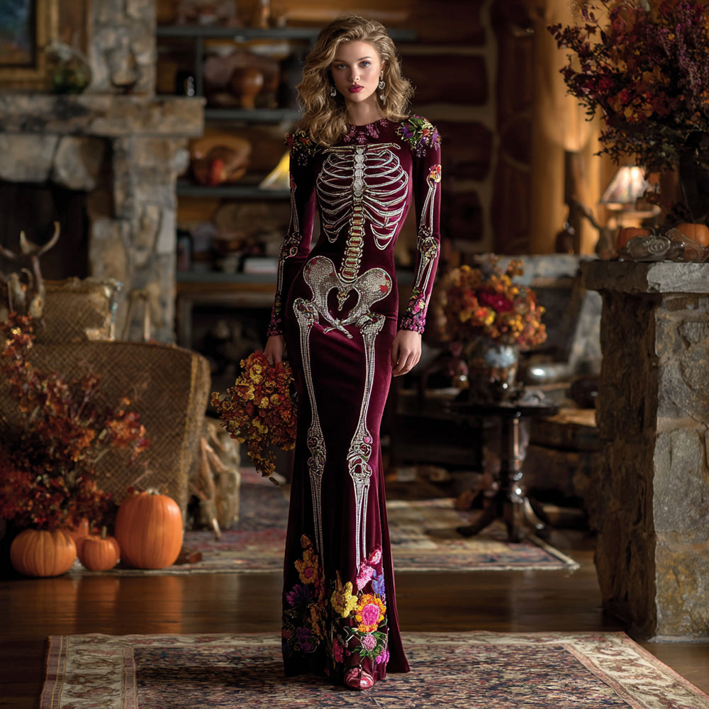 Comstylish Retro Mexican Day Of The Dead Skeleton Bones Embroidery Flowers Cozy Velvet Maxi Dress