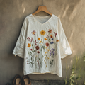 Comstylish Boho Floral Tribal Embroidery Print Cotton And Linen Blend Loose Blouse