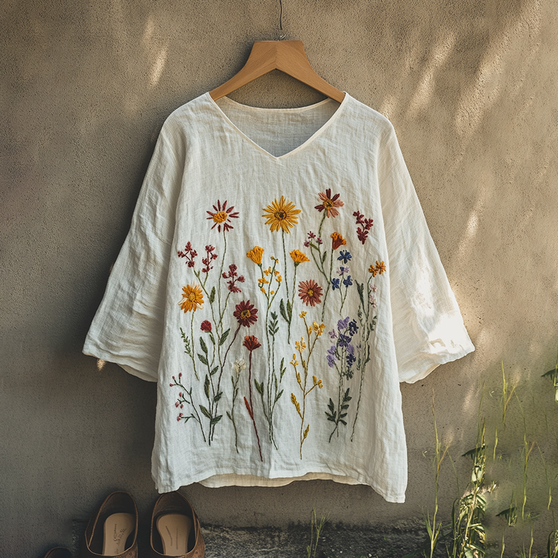 Boho Floral Tribal Embroidery Print Cotton And Linen Blend Loose Blouse artswardrobe