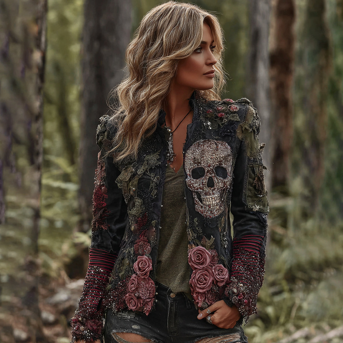 Comstylish Rose Skull Embroidered Gothic Rough-contrast Denim Jacket