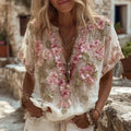 Comstylish Women's Vintage Floral Embroidered Linen Blend V-neck Shirt
