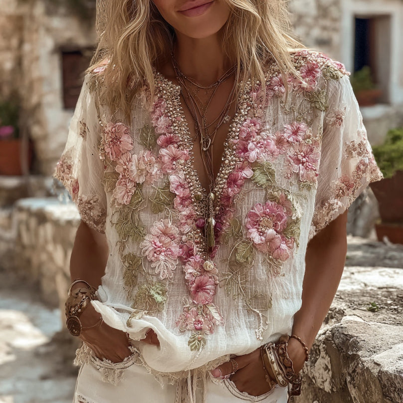 Comstylish Women's Vintage Floral Embroidered Linen Blend V-neck Shirt