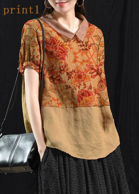 Khaki Patchwork Turn-down Collar Summer Short Sleeve Top